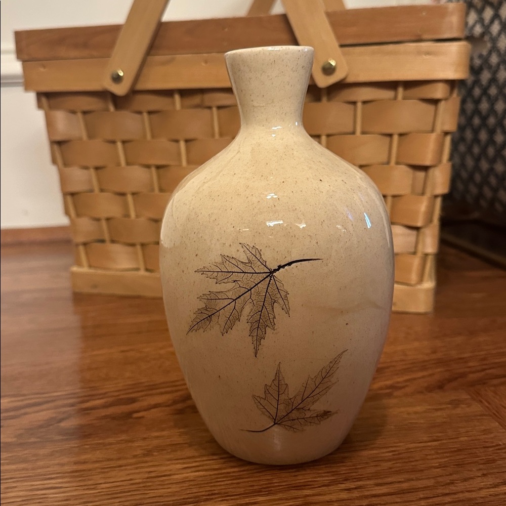 Nemadji Pottery Cream Vase with Leaf Design